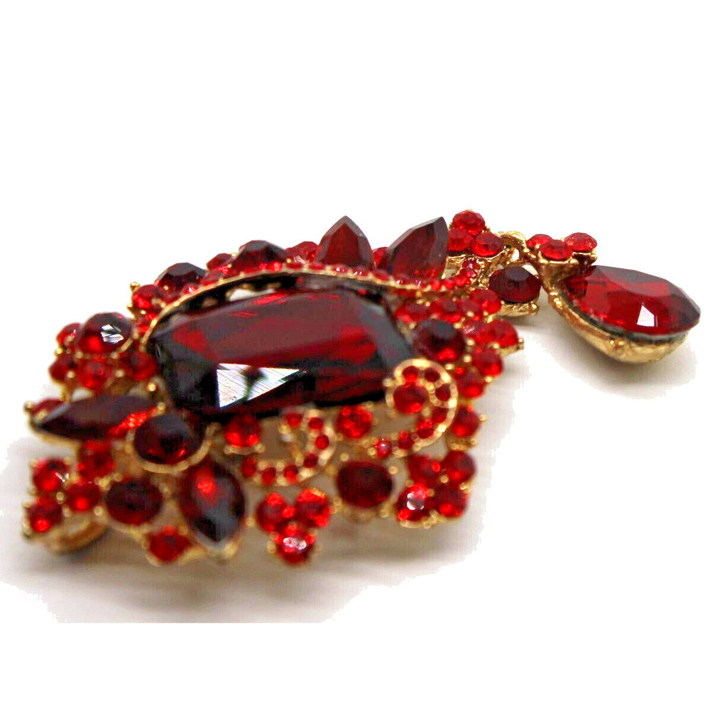 Statement Red Rhinestone Brooch Pendant •Emerald-Cut Marquis •Tear Drop Dangle